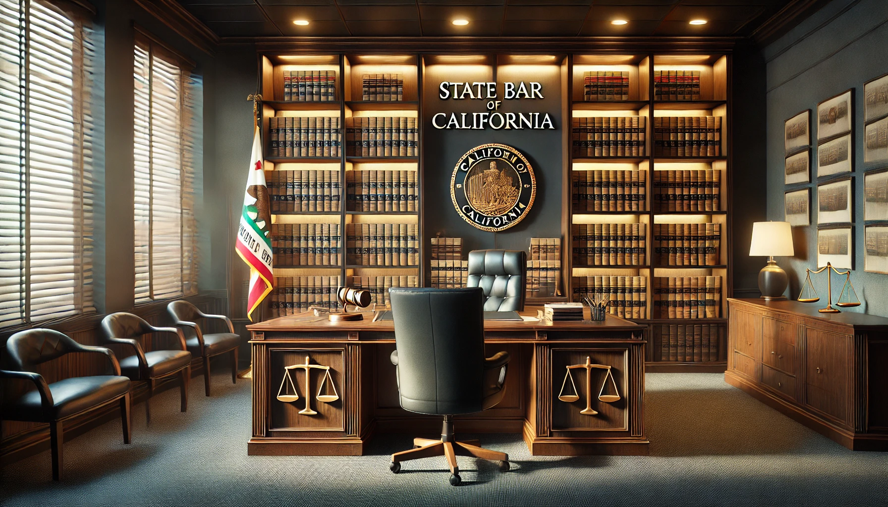 DALL·E 2025-01-14 15.09.22 - A very serious and professional office of the State Bar of California, with a clean and modern design. The room has a large desk made of dark wood, wi