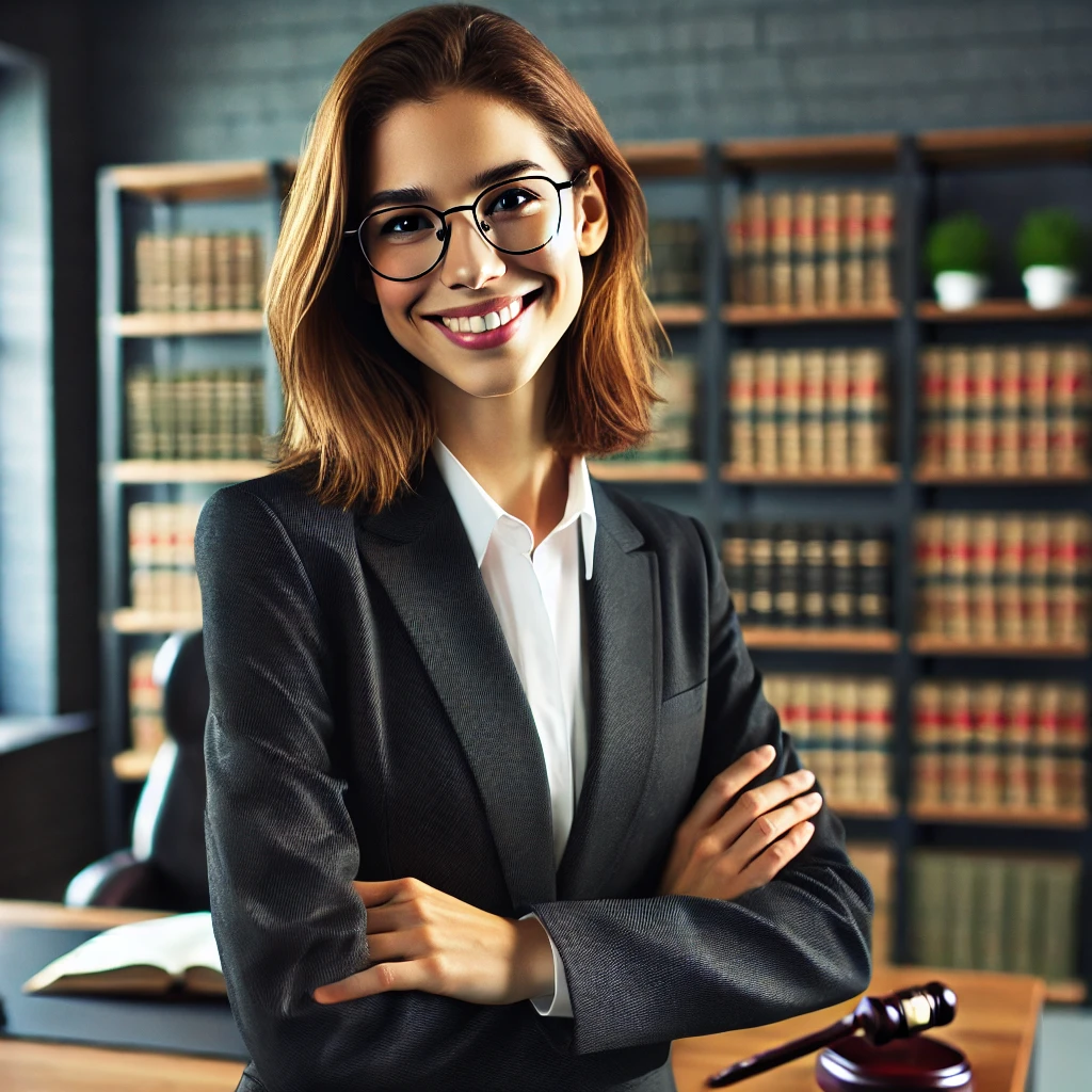 DALL·E 2025-01-14 15.18.37 - A professional, happy female lawyer in a business suit, standing in a law office with bookshelves in the background. She has shoulder-length brown hai